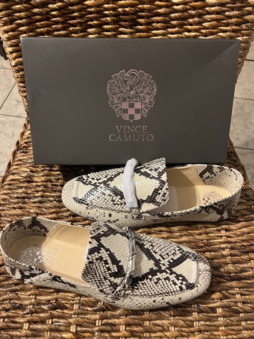 Vince Camuto Women's Snake-Print Loafers in Beige and Black